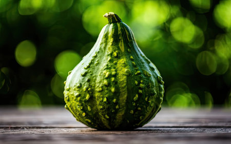 Pumpkin on wooden table with green bokeh background.の素材