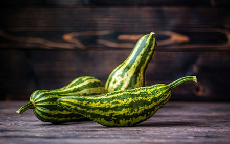 Two green pumpkins on a wooden background. Selective focus.の素材