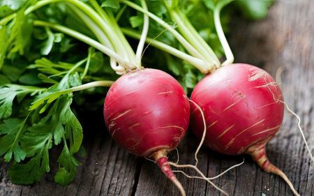 Fresh red radish with green leaves on rustic wooden background.の素材