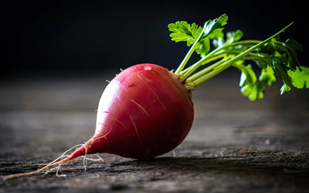 Red radish with green leaves on rustic wooden background, selective focusの素材