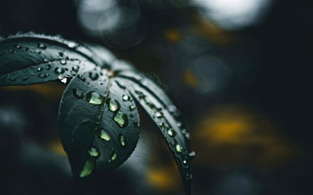 Rain drops on the leaves of a plant in the rain forest.の素材