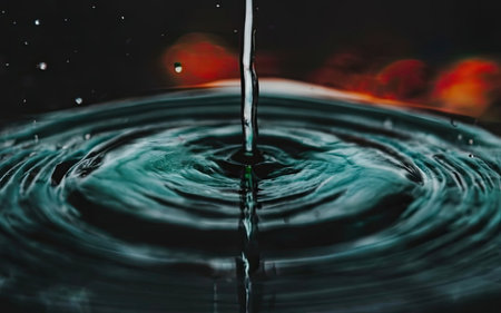 Falling drops of water. Splash effect after collision a falling drops with water Surfaceの素材