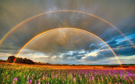 Rainbow over a field of lupine flowers at sunset.の素材