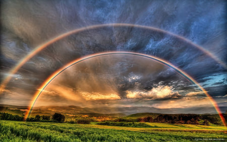Rainbow over a field in the countryside of New South Wales, Australiaの素材
