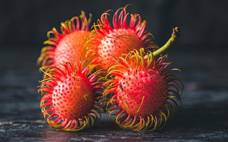 Fresh rambutan fruit on dark background. Rambutan is a tropical fruit.の素材
