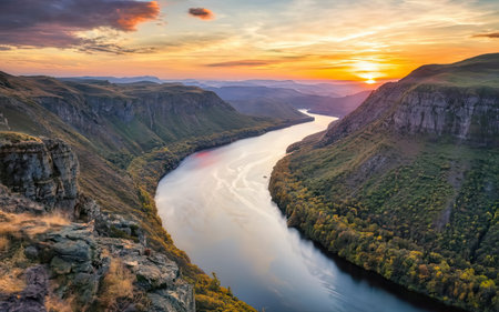 Panoramic view of Dniester river and Dnister canyon at sunset, Ukraineの素材
