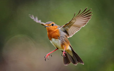 Robin (Erithacus rubecula) in flight with wings spreadの素材