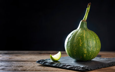 Green pumpkin on a black slate plate on a wooden table. Dark background.の素材
