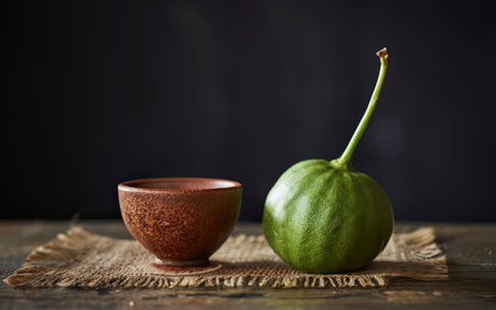 Green watermelon in clay bowl on wooden table with black background.の素材