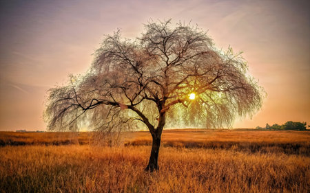 Tree on the field at sunset. Nature composition for your design.の素材