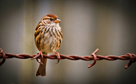 Sparrow perched on a barbed wire against a blurred backgroundの素材