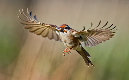 Sparrow (Passer domesticus) flying in the wildの素材