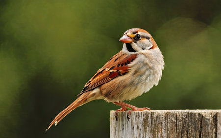 House Sparrow (Passer domesticus) perched on a wooden postの素材