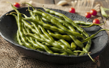 Green chili peppers in a bowl on a wooden table, selective focusの素材