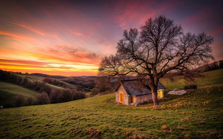 Beautiful sunrise in the countryside with a small house and a treeの素材