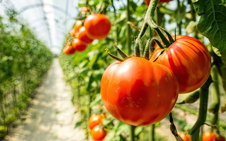 Ripe red tomatoes growing on a branch in a greenhouse on a sunny dayの素材