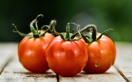 Ripe red tomatoes on a wooden table. Selective focus.の素材
