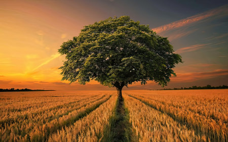Tree in wheat field at sunset. Nature composition. 3d renderの素材
