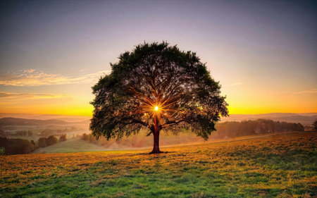 Lonely tree in the meadow at sunrise. Nature composition.の素材