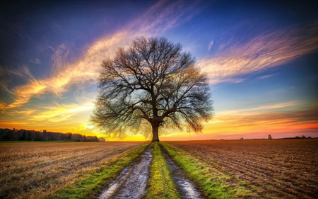 Lonely tree in the field at sunset. Beautiful landscape.の素材
