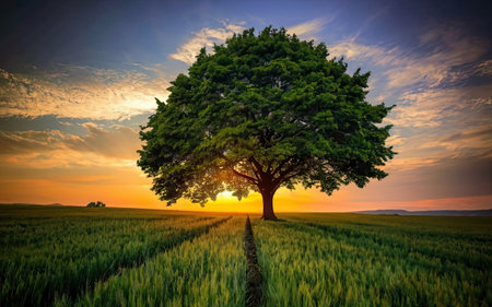 Sunset over a green field with a lone tree in the foregroundの素材