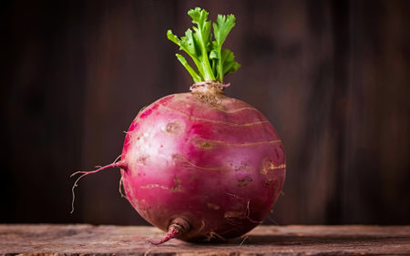 Fresh red turnip with green leaves on old wooden table, rustic styleの素材
