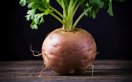 Fresh turnip on wooden table. Rustic style. Dark background.の素材