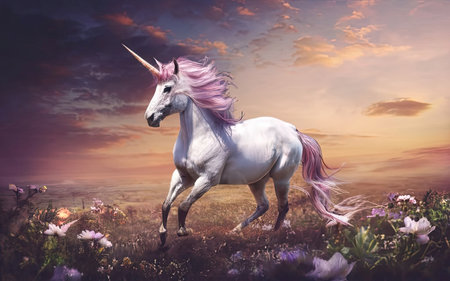 Unicorn in the meadow at sunset. 3d renderingの素材