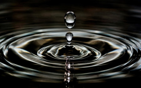 Water drop close-up on a black background with ripples and wavesの素材