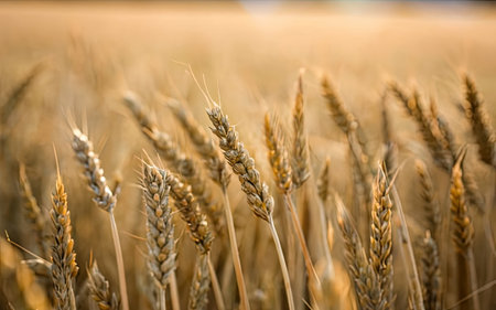 Ears of golden wheat on the field. Shallow depth of field.の素材