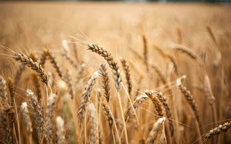 Close up of wheat ears on the field. Shallow depth of field.の素材
