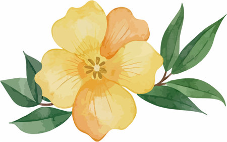 Illustration of a yellow flower with green leaves on a white backgroundのイラスト素材