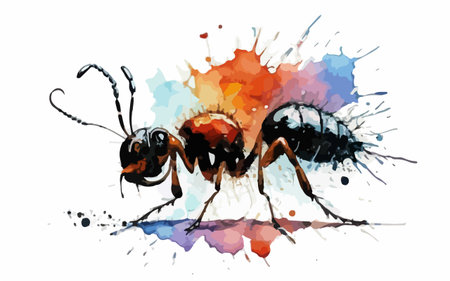 illustration of black ant on watercolor splashes, vector illustrationのイラスト素材