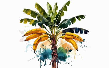 Banana tree with watercolor splashes. Vector illustration. Isolated on white background.のイラスト素材