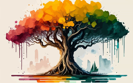 Abstract tree with colorful splashes and cityscape in the background.のイラスト素材