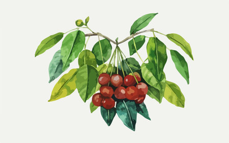 Cherry branch with ripe berries and leaves. Hand drawn illustration.のイラスト素材