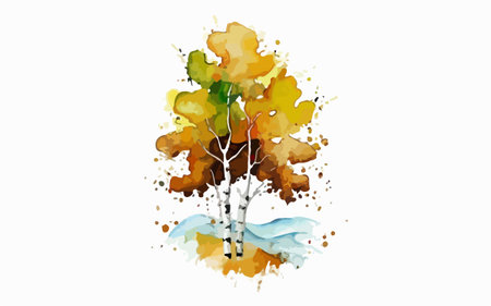 Watercolor autumn landscape with birch tree and snow. Vector illustration.のイラスト素材