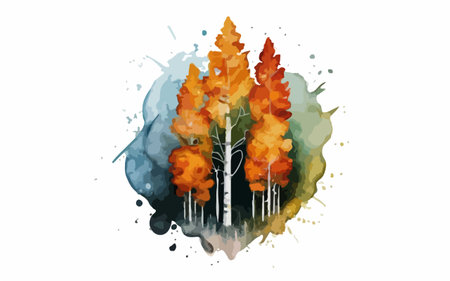Watercolor autumn forest with falling leaves and splashes. Vector illustration.のイラスト素材