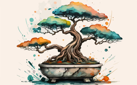 Bonsai tree in watercolor style. Hand drawn vector illustration.のイラスト素材