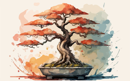 Bonsai tree in pot with watercolor splash. Vector illustration.のイラスト素材
