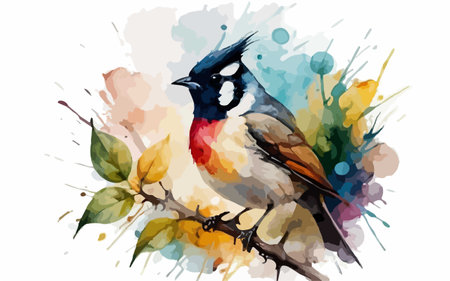 Watercolor illustration of a bird on a branch with a colorful backgroundのイラスト素材