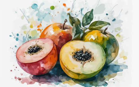 Watercolor painting of peaches and papaya fruits on watercolor backgroundのイラスト素材