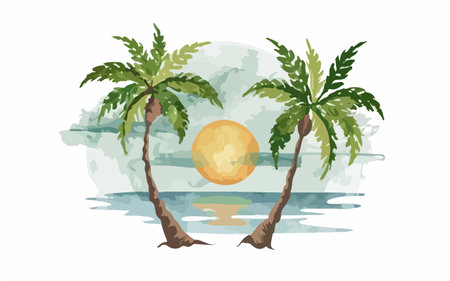 Tropical island with palm trees and sun. Vector illustration.のイラスト素材