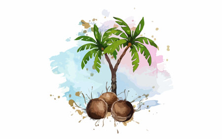 Coconut tree with coconuts on watercolor background.のイラスト素材