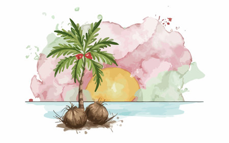 Palm tree and coconut on the watercolor background. Vector illustration.のイラスト素材