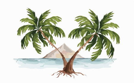Tropical island with palm trees and mountains. Vector illustration.のイラスト素材