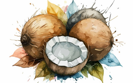 Coconut watercolor painting on white background. Vector illustration.のイラスト素材