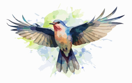 Watercolor illustration of a bird with wings spread. Flying swallow.のイラスト素材