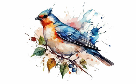 Bird watercolor vector illustration isolated on white background. Hand drawn bird on branch.のイラスト素材