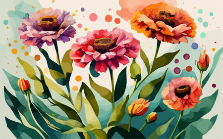 Colorful floral background with poppies and green leaves. Vector illustration.のイラスト素材